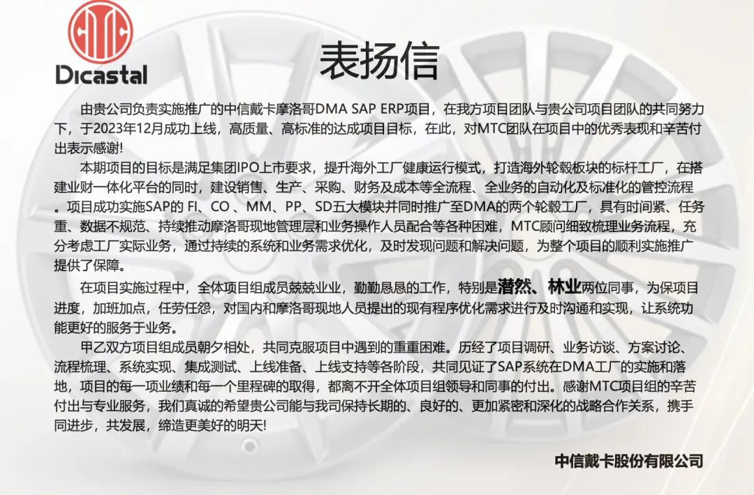 中信戴卡摩洛哥工厂SAP项目提前上线